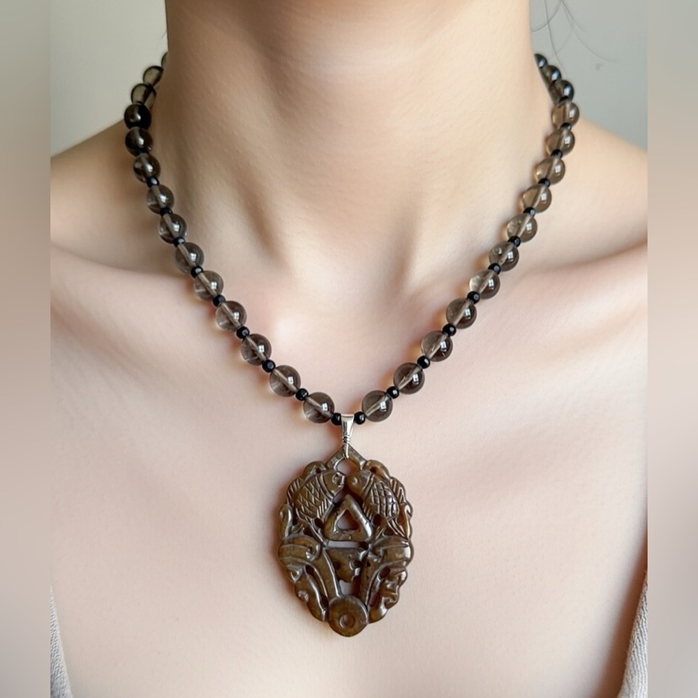 Handmade Carved Brown Jade and Faceted Smoky Quartz Beads Necklace, 16”